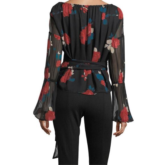 Club Monaco Top Womens XS Black Silk Floral Wrap Tie Bell Sleeve Darlana Vamp - Picture 2 of 14